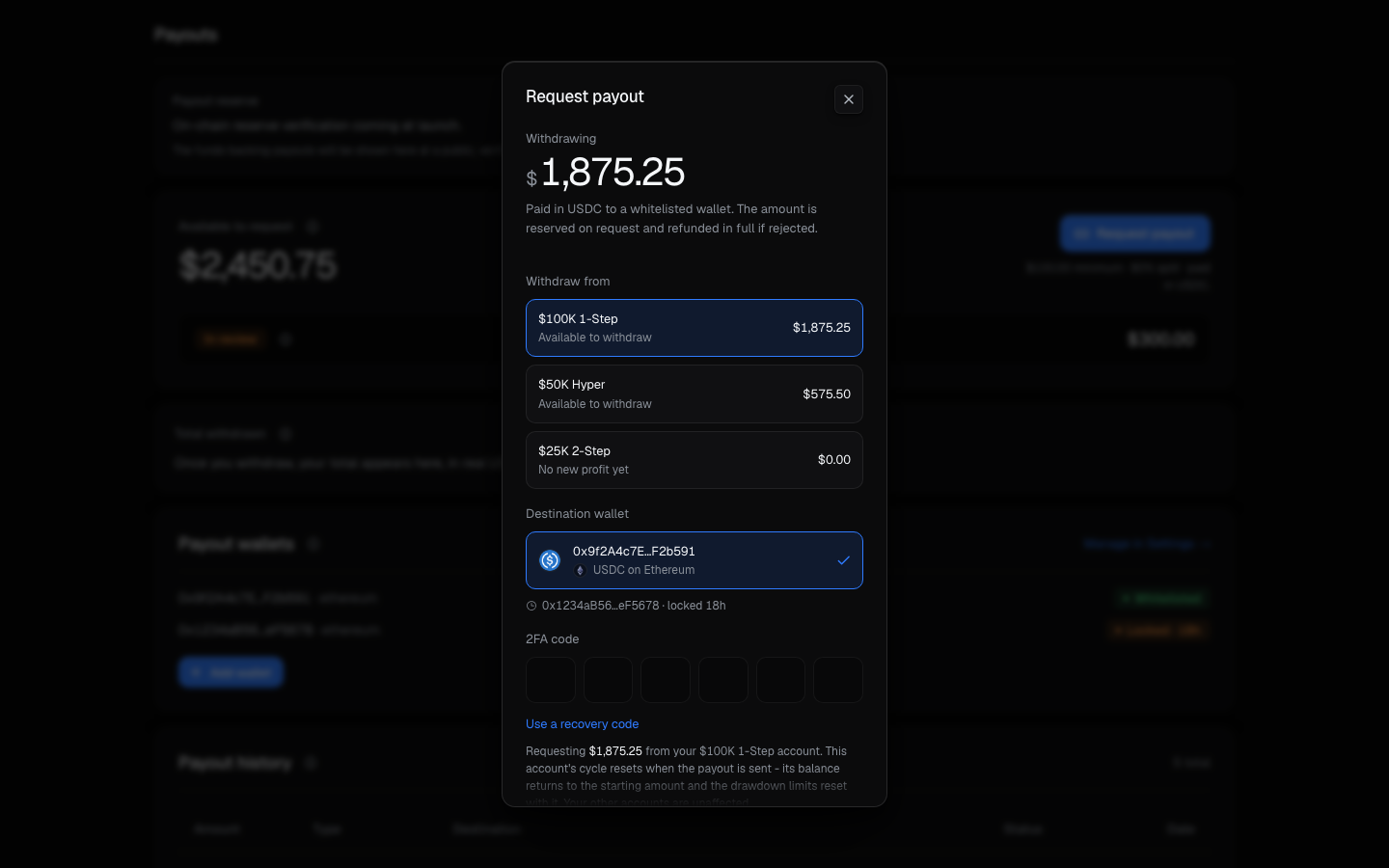 The payout request - amount, wallet, and the two-factor step-up