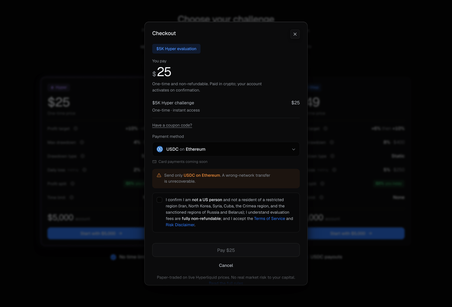 The checkout: the selected challenge, the crypto currency selector, and the pay button.