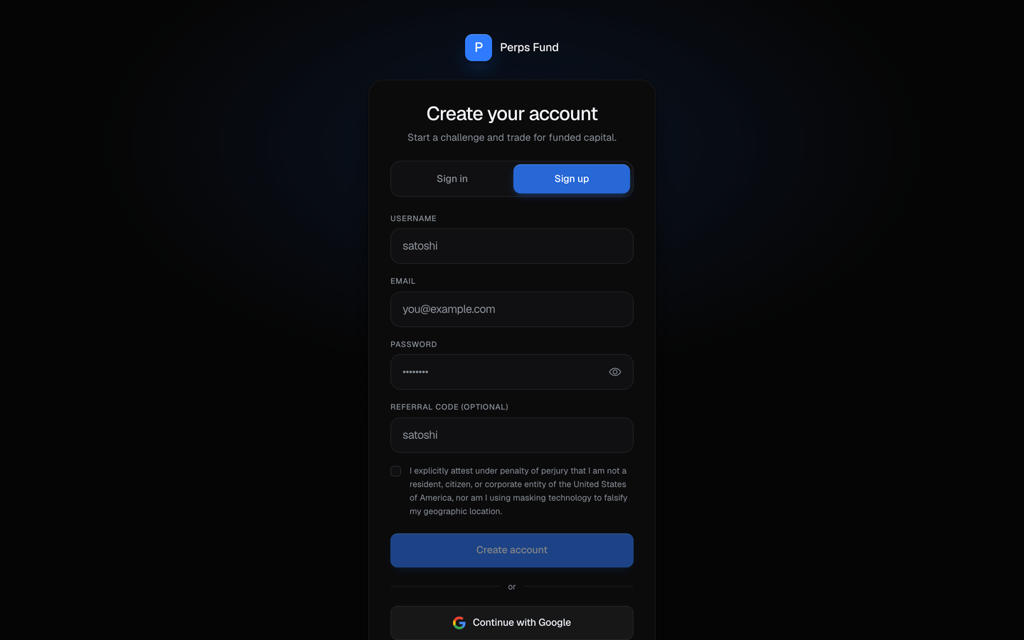 The sign-up form: username, email, and password, with the Continue with Google option shown where it is enabled.