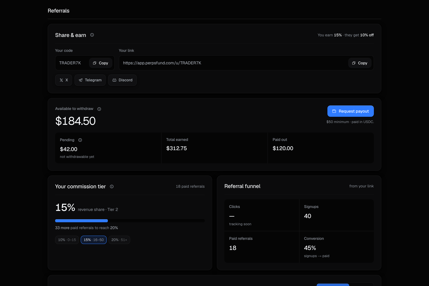 The Referrals page, full view: the share link and code, the earnings hero (Available / Pending / Total / Paid out), the commission-tier card, and the commissions history table.
