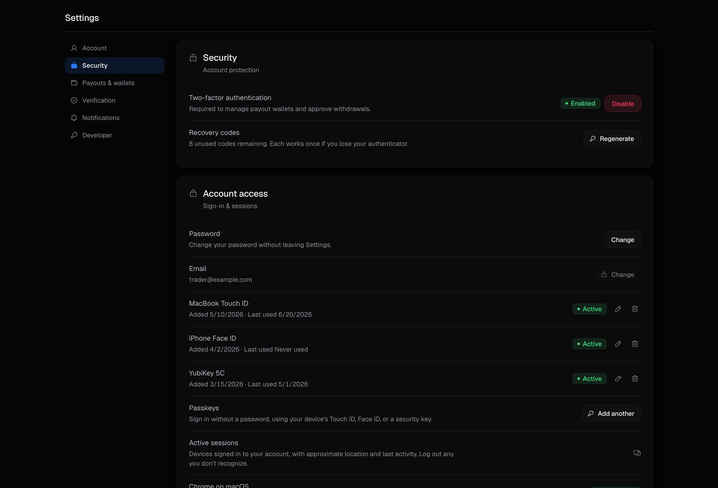 The Security section of Settings: two-factor authentication, passkeys, active sessions, and password.