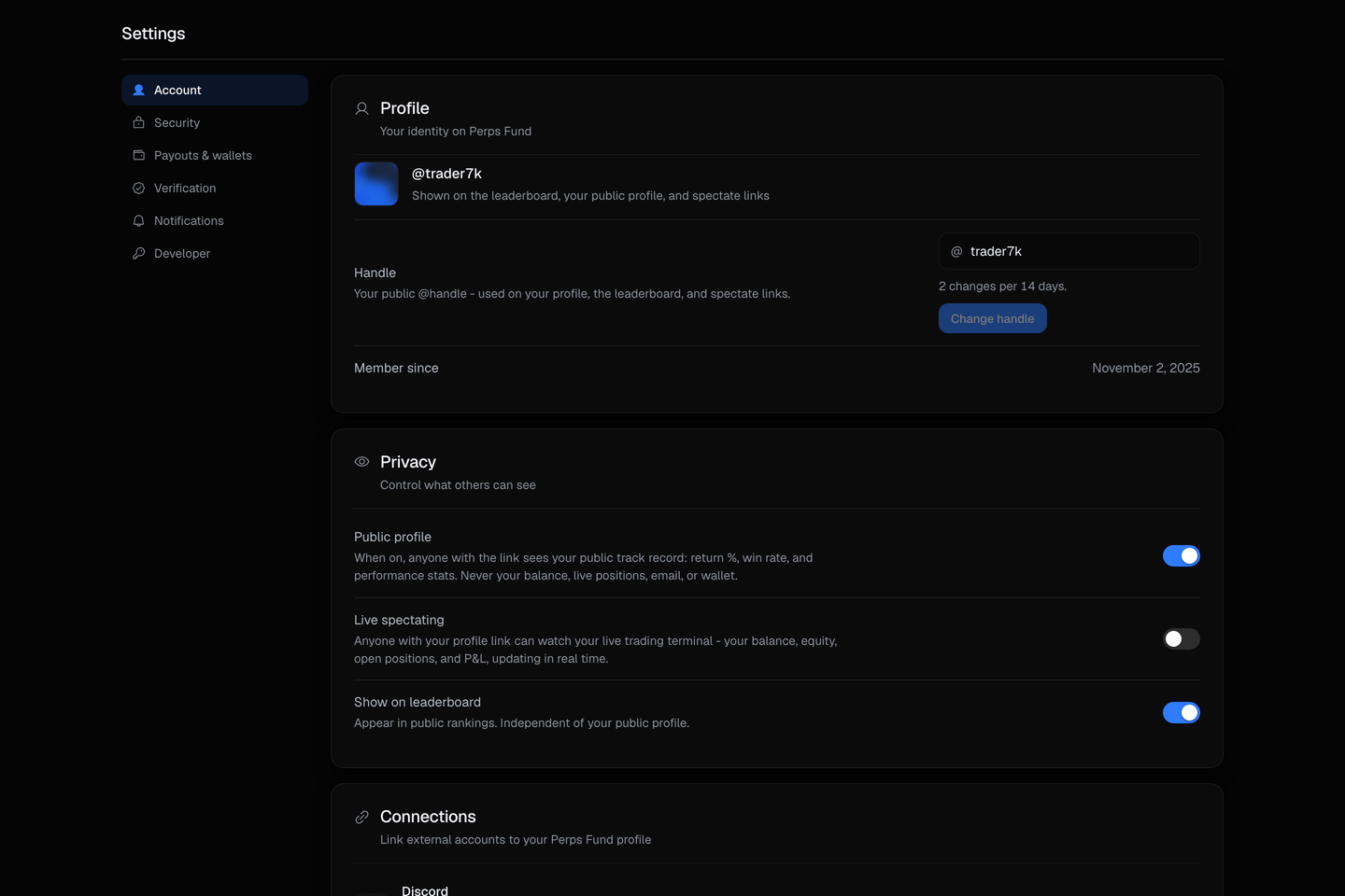 The Settings page, full view: the section navigation (Profile, Security, Verification, Payouts and wallets) and the Danger Zone at the bottom.